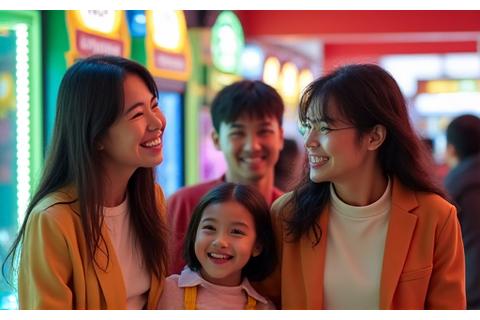 アーケードで楽しそうに遊ぶ家族
