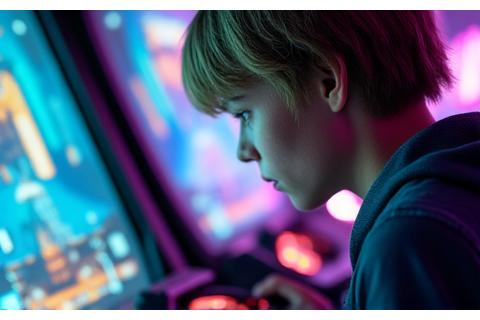 現代的なシューティングゲームをプレイする若者