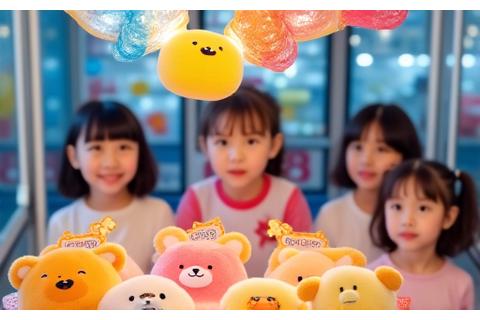 クレーンゲームで景品を狙う子供たち