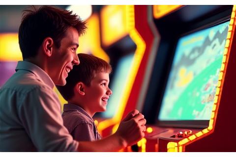 レーシングアーケードゲームを楽しむ親子