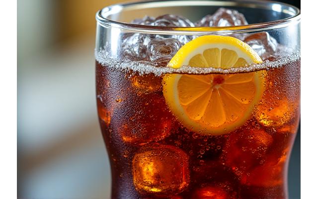 氷とレモンスライスが入ったグラスのコーラ