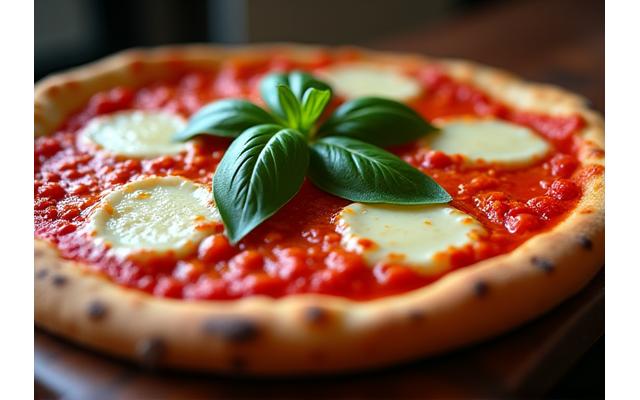 焼きたてのマルゲリータピザ、バジルとモッツァレラチーズが乗っています