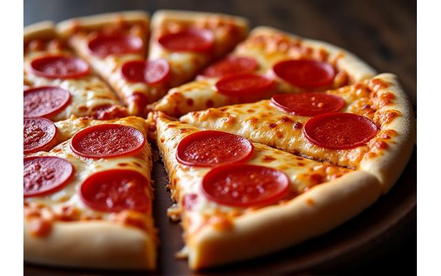 熱々のペパロニピザ、溶けたチーズとクリスピーなペパロニが乗っています