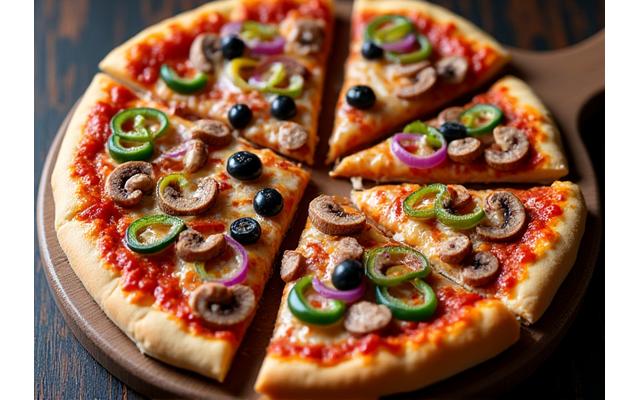 色とりどりの野菜と肉がたっぷり乗った具だくさんのスペシャルピザ