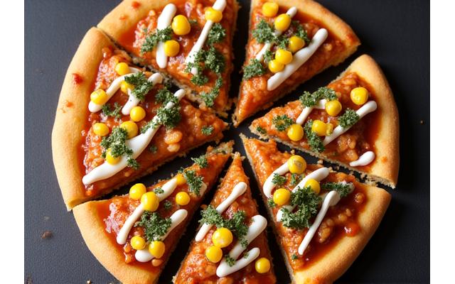 照り焼きチキンとマヨネーズソース、コーン、海苔がトッピングされた和風ピザ