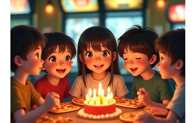 子供たちが誕生日ケーキを囲んで笑っている様子