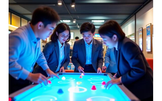 スーツを着た人々がアーケードゲームを楽しんでいる様子